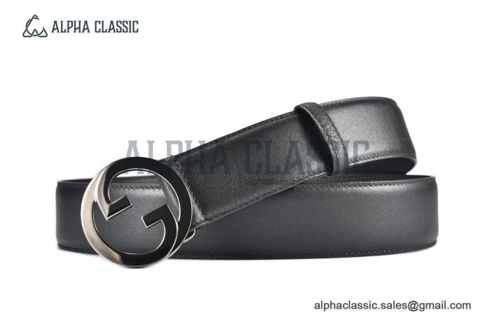 Gucci Blondie Belt Black Leather With Gray Steel Round Interlocking G Buckle