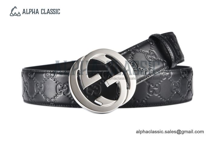 Gucci Signature Leather Belt Black Leather With Stainless Steel Interlocking G Buckle