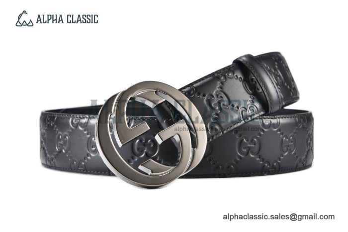 Gucci Signature Leather Belt Black Leather With Gray Steel Interlocking G Buckle