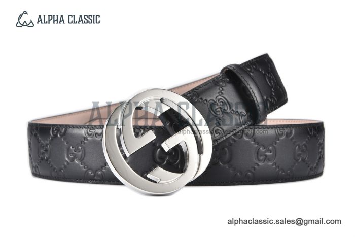 Gucci Signature Leather Belt Black Leather With Silver Interlocking G Buckle
