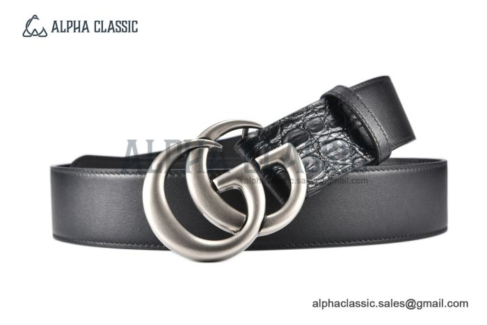 Gucci GG Marmont Reversible Belt Black Calf/Crocodile Leather With Gray Steel Double G Buckle