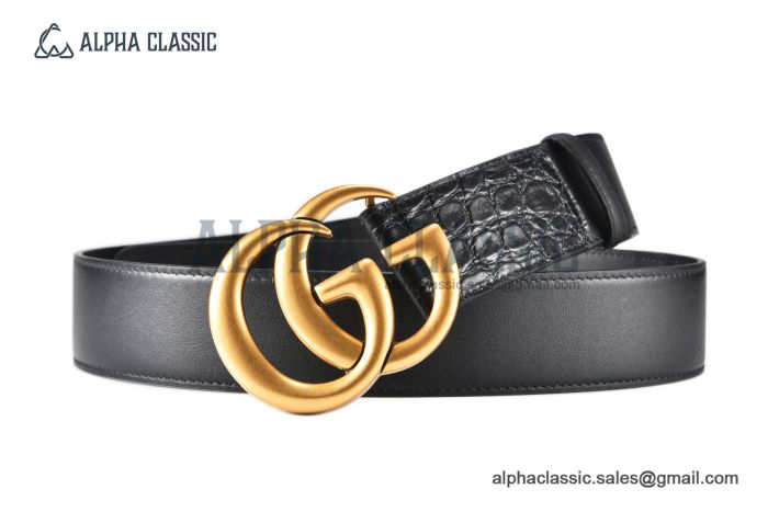 Gucci GG Marmont Reversible Belt Black Calf/Crocodile Leather With Rose Gold Double G Buckle