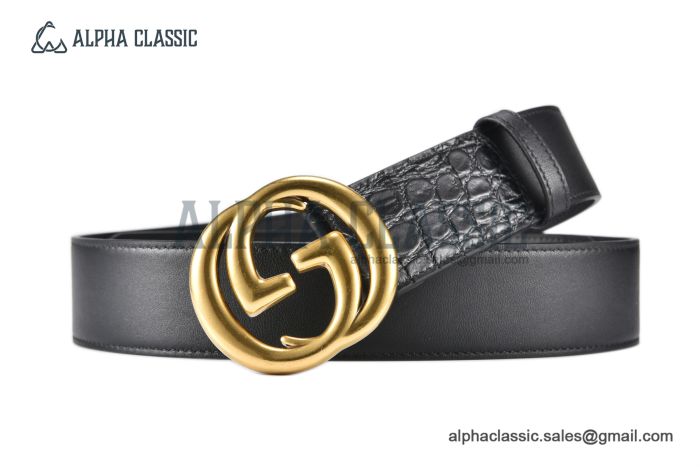 Gucci GG Marmont Reversible Belt Black Calf/Crocodile Leather With Rose Gold Interlocking G Buckle