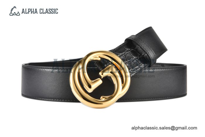 Gucci GG Marmont Reversible Belt Black Calf/Crocodile Leather With Yellow Gold Interlocking G Buckle