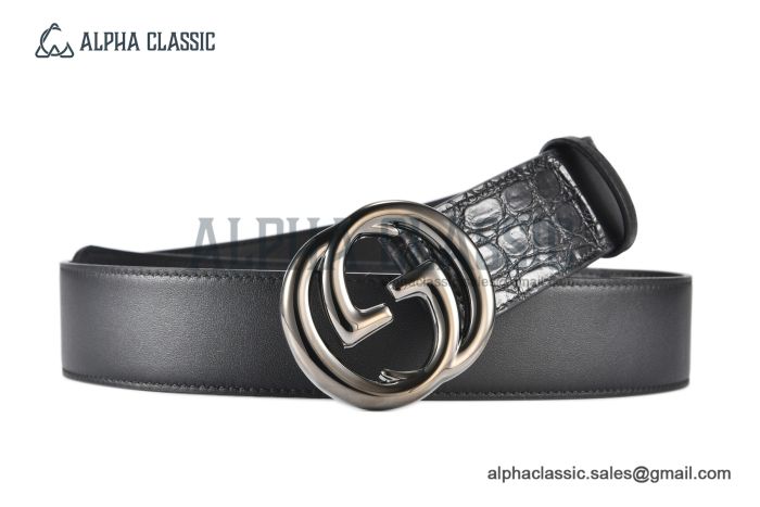 Gucci GG Marmont Reversible Belt Black Calf/Crocodile Leather With Gray Steel Interlocking G Buckle