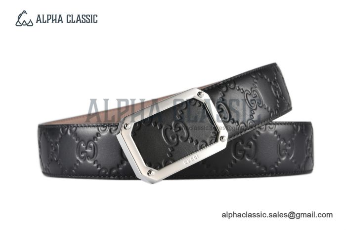 Gucci Signature Leather Belt Black Leather With Stainless Steel Rectangular buckle with Gucci trademark