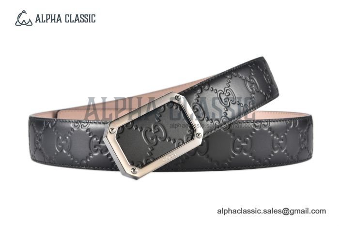 Gucci Signature Leather Belt Black Leather With Gray Steel Rectangular buckle with Gucci trademark