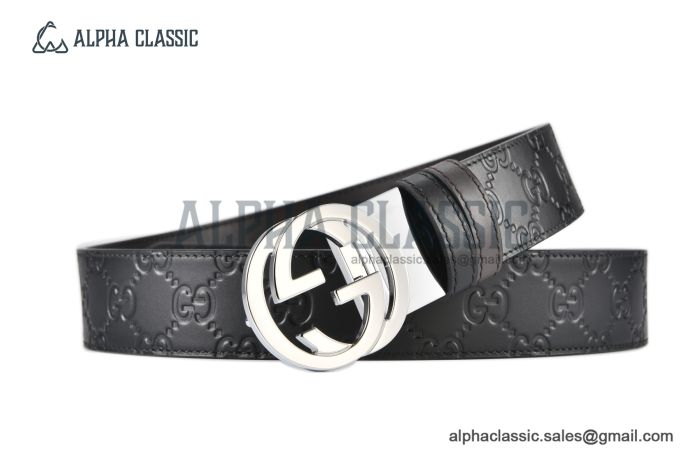 Gucci Reversible Cucci Signature Belt Black Leather With Stainless Steel Interlocking G Buckle
