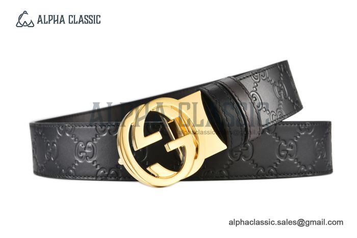 Gucci Reversible Cucci Signature Belt Black Leather With Yellow Gold Interlocking G Buckle