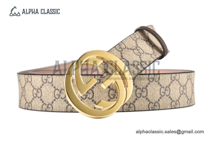 Gucci GG Supreme Belt Beige/ebony Canvas With Yellow Gold Interlocking G Buckle