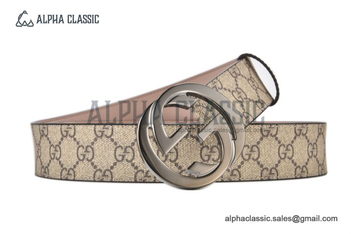 Gucci GG Supreme Belt Beige/ebony Canvas With Gray Steel Interlocking G Buckle