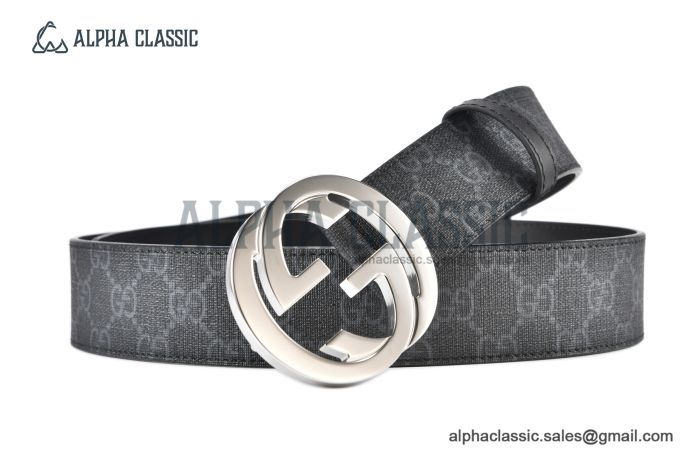 Gucci GG Supreme Belt Black/grey Canvas With Stainless Steel Interlocking G Buckle
