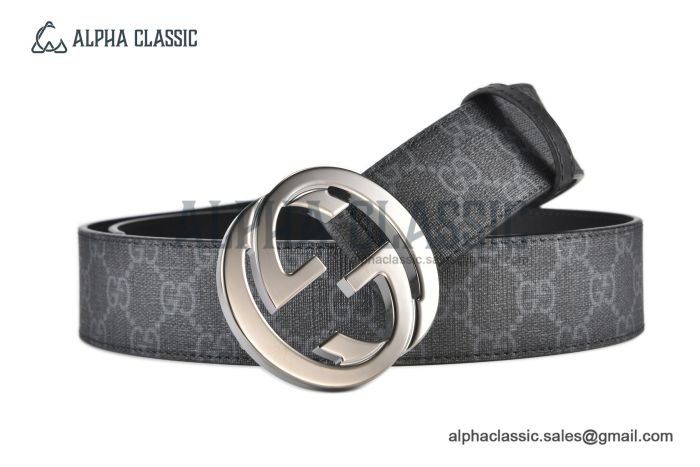 Gucci GG Supreme Belt Black/grey Canvas With Gray Steel Interlocking G Buckle