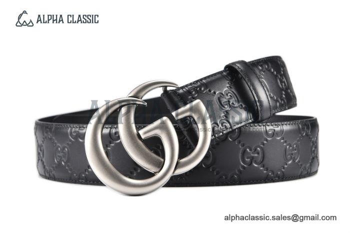 Gucci GG Marmont Embossed Leather Belt Black Leather With Gray Steel Double G Buckle