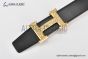 HERMES Reversible Belt Black/Beige Leather with Yellow Gold H Martelee Buckle
